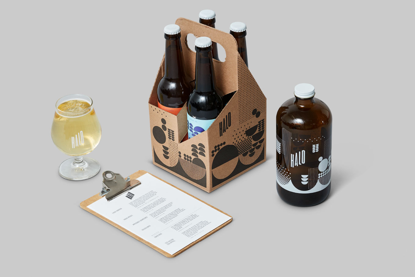 Photo of HALO brewery packaging and menu
